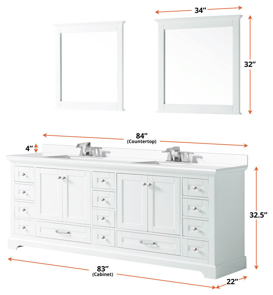 Dukes 84" White Double Square Sink Vanity with Quartz Top, With Faucet and Mirro