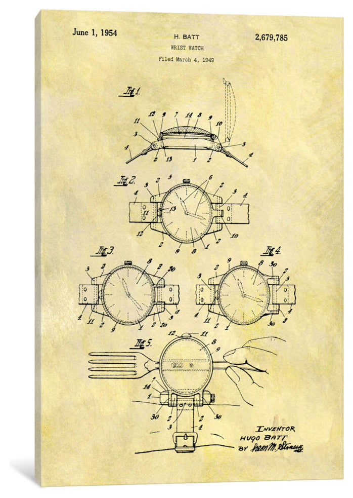 "H. Batt Wrist Watch Patent Sketch (Foxed)" by Dan Sproul, Canvas Print, 26"x18"