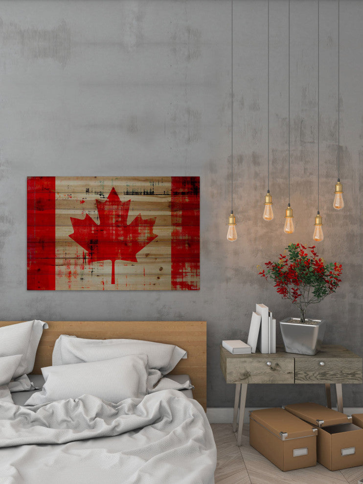 "Bright Red Leaf" Print on Natural Pine Wood, 36"x24"