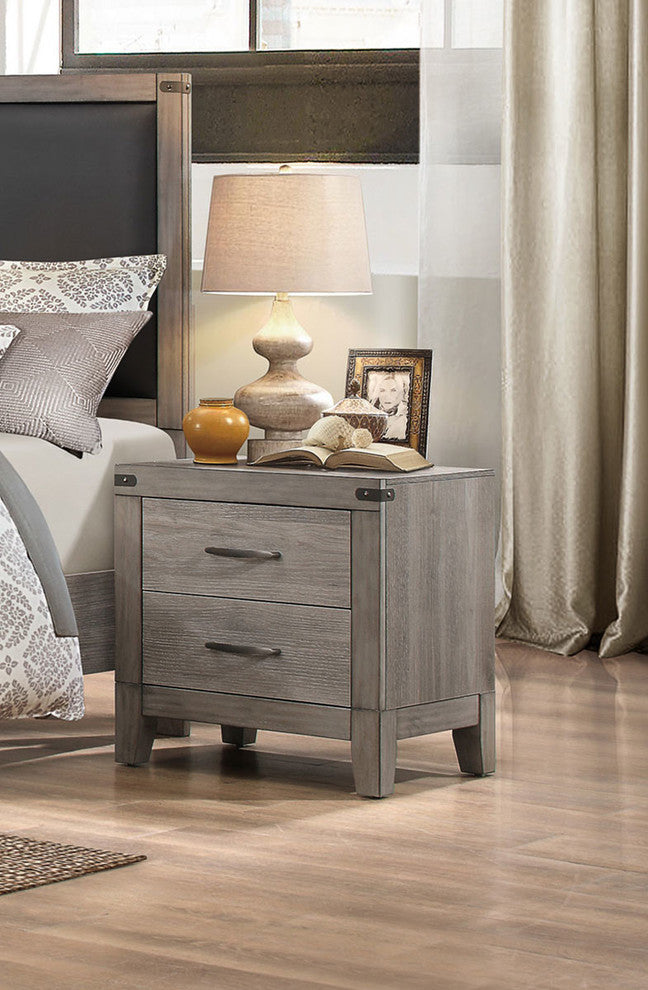 Benzara BM181921 2 Drawer Night Stand With Metal Handle, Weathered Gray
