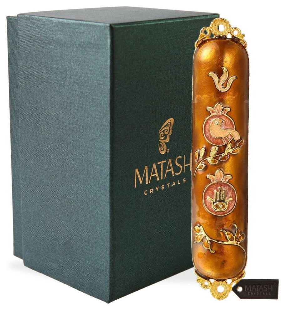 Hand Painted Enamel Mezuzah Embellished With a Dove and Hamsa Design With Gold A
