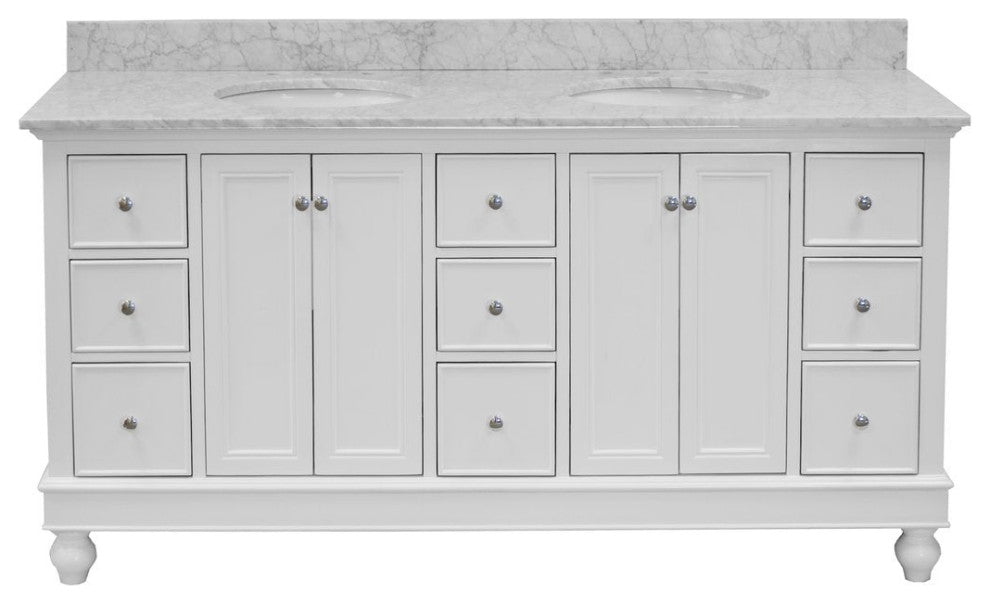 Bella 72" Double Bath Vanity, Base: White, Top: Carrara Marble