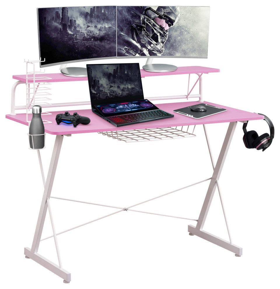 Techni Sport TS-200 Carbon Computer Gaming Desk with Shelving, Pink