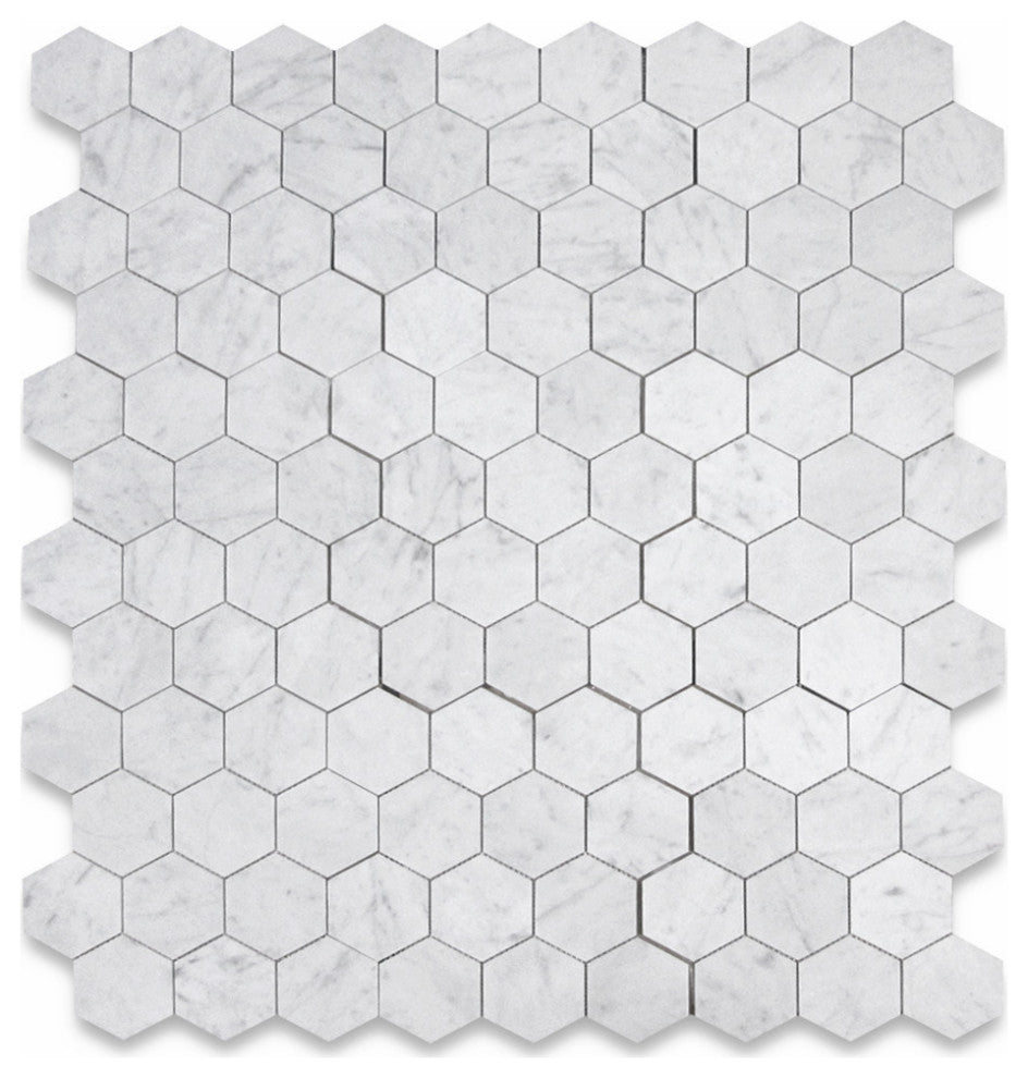 4" Honed Hexagon Carrara White Venato Carrera Marble Mosaic Floor Tile, 1 sheet
