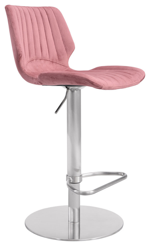 Rose Pink Velvet and Chrome Channel Adjustable Swivel Bar Stool