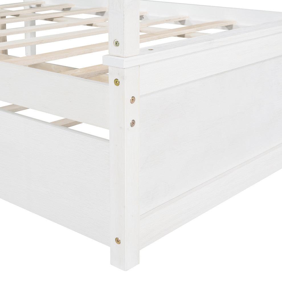 Full Wood Frame Canopy Platform bed with Trundle Bed, White, Full