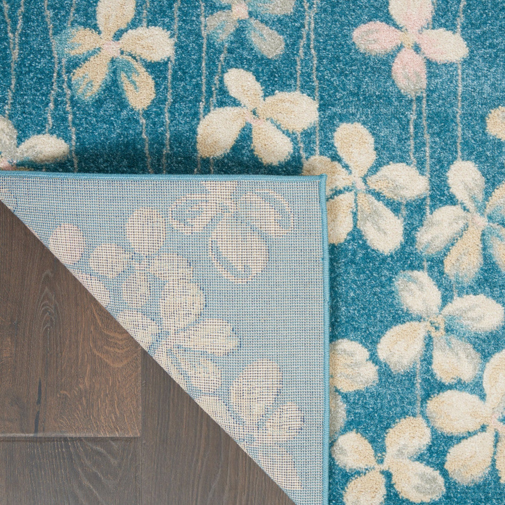 Bohemian Area Rug, Polypropylene With Floral Pattern, Turquoise, 8'10" X 11'10"