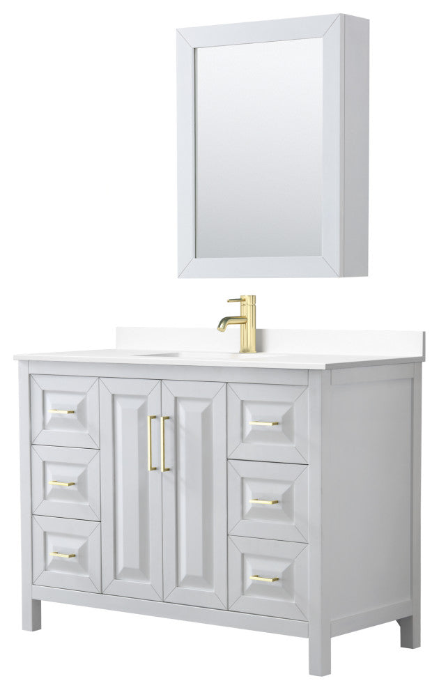 48"SGL Vanity White, White Cult. Marble Countertop, Sink, Med.Cabinet, Gold Trim