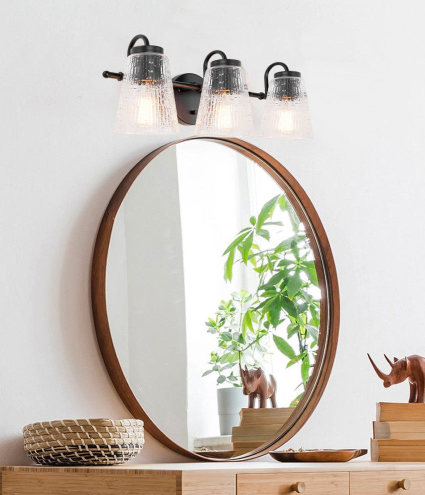 Kira Home Chatham 20" 3-Light Bathroom Light + Textured Glass Shades, Black