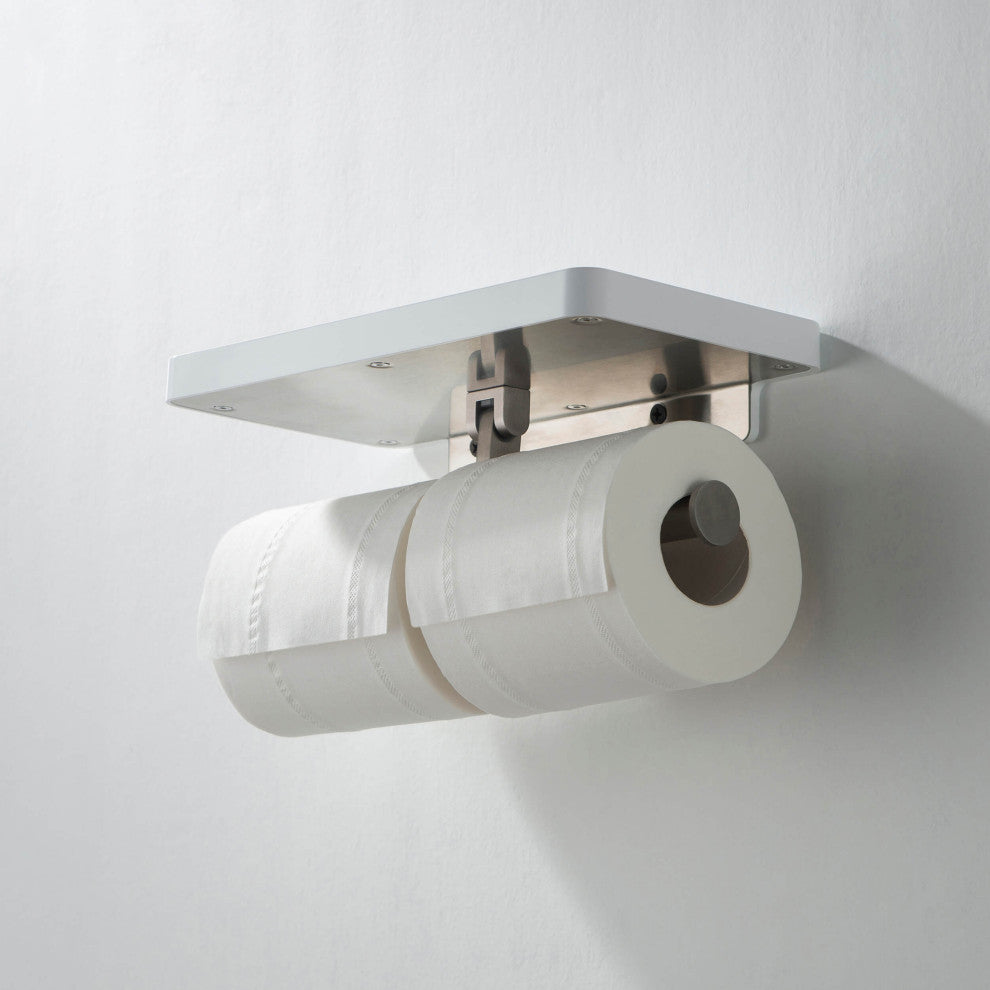 Deco Bathroom Toilet Paper Holder Double Roll With Shelf, Brushed Nickel