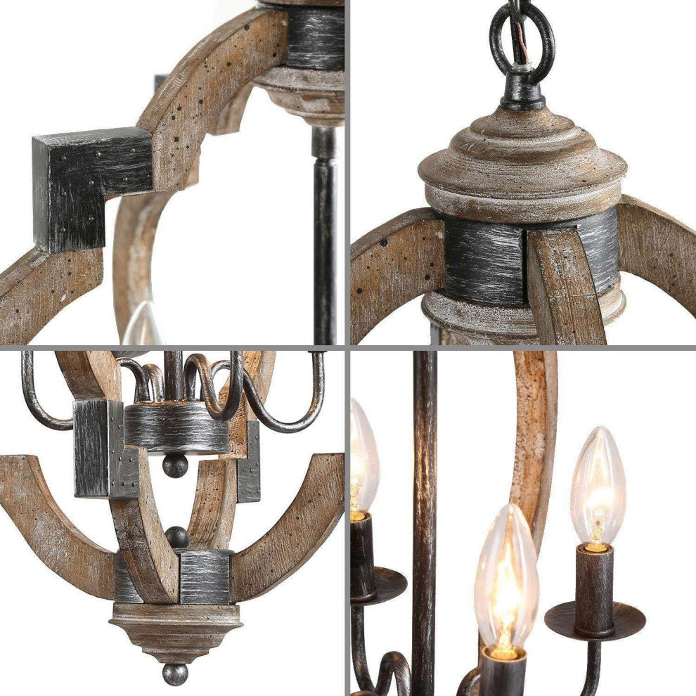 LNC Wood Farmhouse Rustic Lantern Chandeliers, Metal Accented, 4 Lights