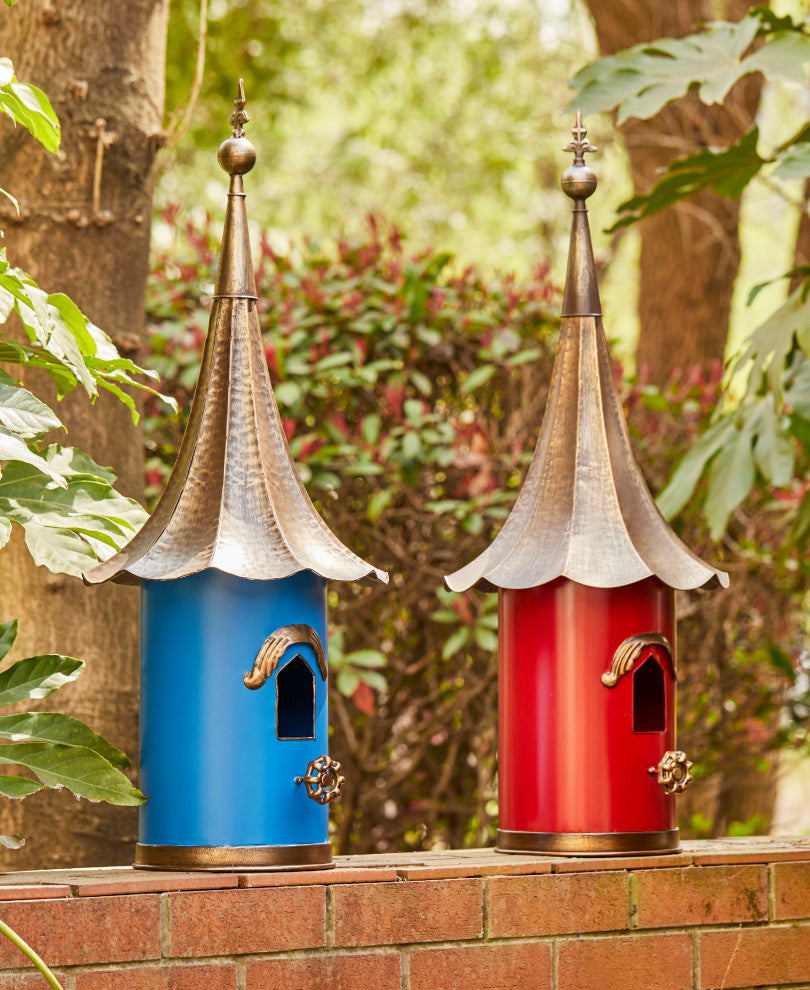 32"H Farmhouse Retro Blue Metal Pagoda Birdhouse