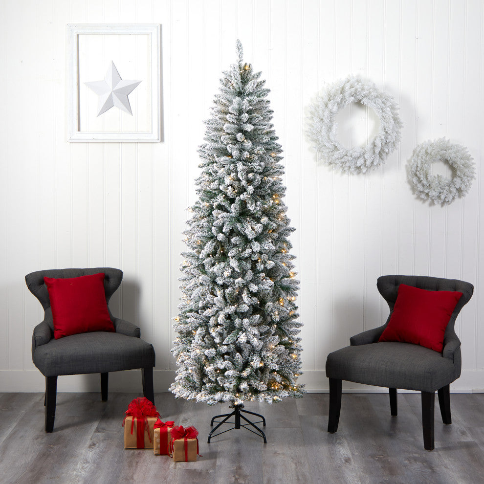 7' Slim Flocked Montreal Fir Artificial Christmas Tree, 300 Warm White LEDs