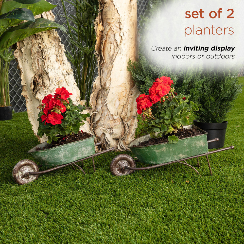 Green Rustic Wheelbarrow Garden Planter-Asst Master Pack of 2