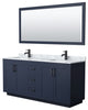 72"DBL Vanity Dark Blue, Carrara Countertop, Sinks, Black Trim, 70"Mirror