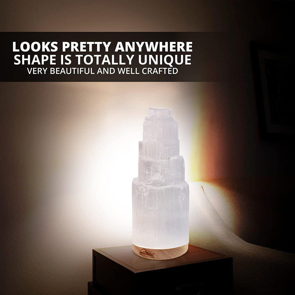 Selenite Crystal Lamp,  Includes USB Cable & Wooden Base LED Light, 7 to 9"