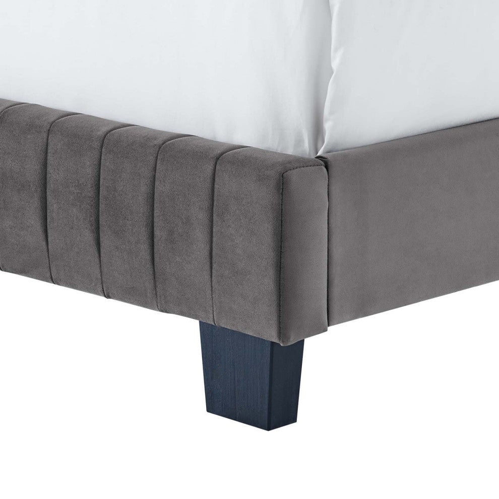 Tufted Platform Bed Frame, Full Size, Velvet, Grey Gray, Modern Contemporary