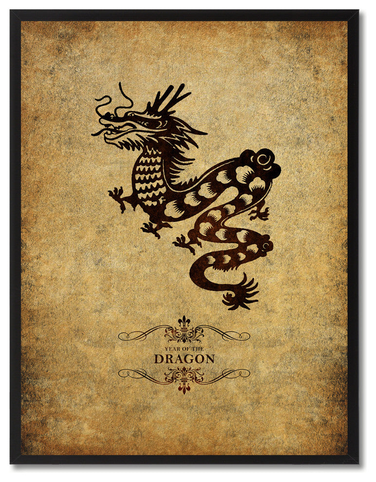 Dragon Chinese Zodiac Brown Print on Canvas with Picture Frame, 22"x29"