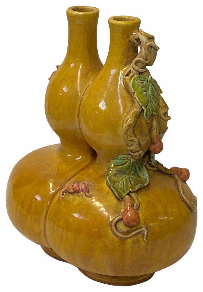 Handmade Chinese Ceramic Distressed Yellow Double Gourd Vase Hws1767