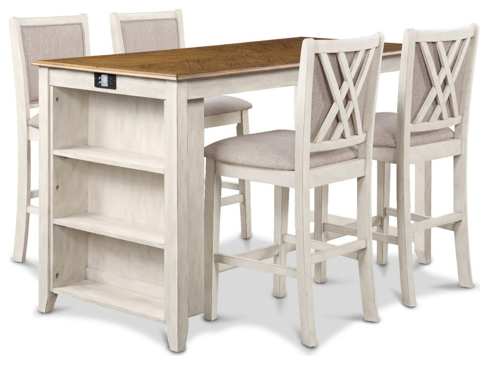 Benzara BM272099 5 Piece Counter Table Set With USB Ports, White and Brown