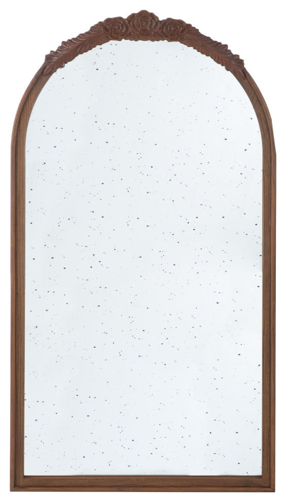 Eel 42 Inch Wall Mirror, Brown Arched Wood Frame, Hand Carved Rose Accent