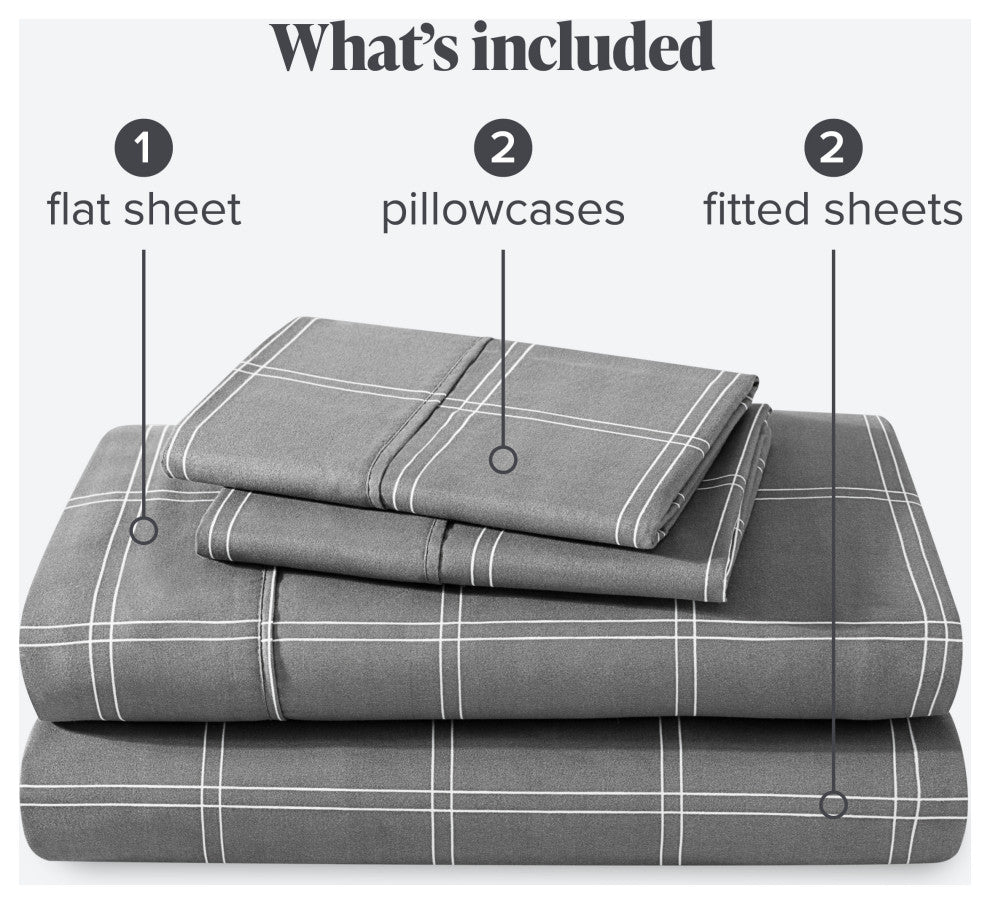 1800 Microfiber Printed Sheet Set, Modern Plaid - Gray/White, Split King