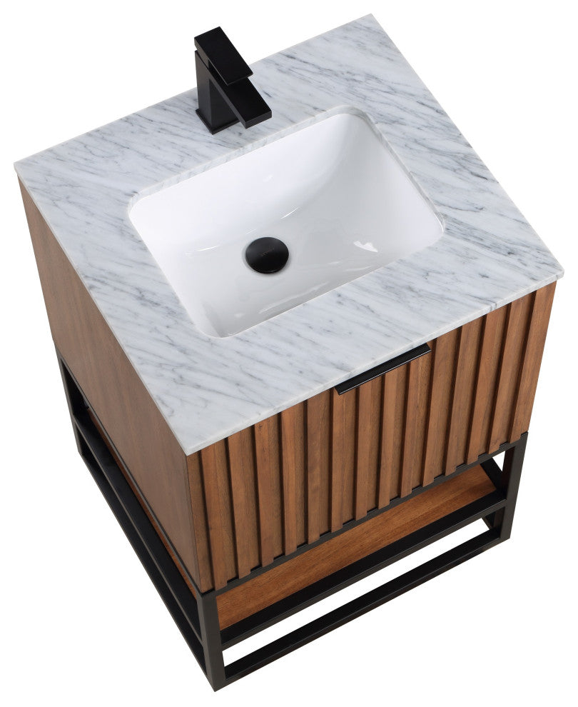 Terra Bathroom Vanity, Walnut/Matte Black With Carrara Marble, 24"