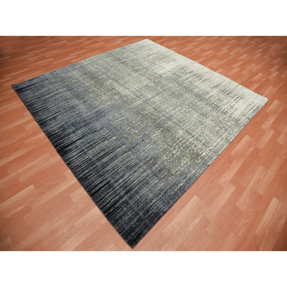 Blue/Gray Hand Knotted Modern Ombre Design Pure Wool Square Rug, 8'0"x8'4"