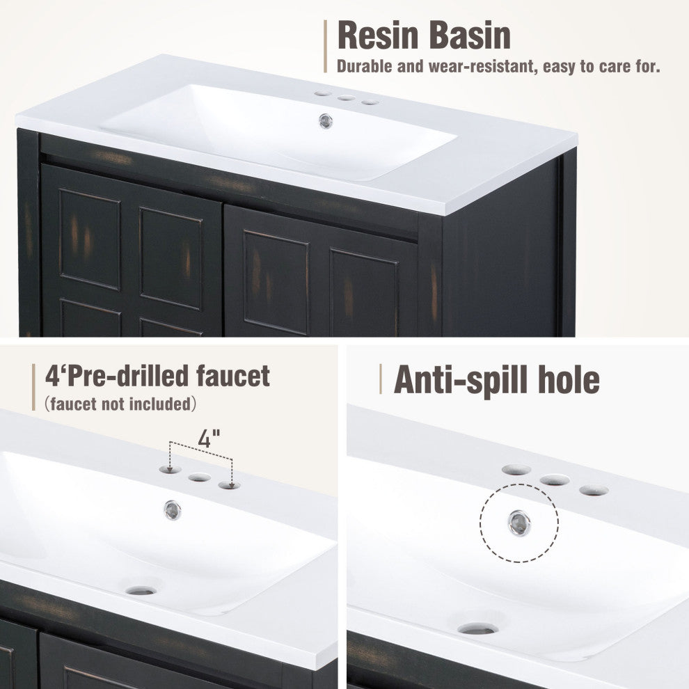 36 inch Freestanding Bath Vanity in Retro Espresso with White Resin Top