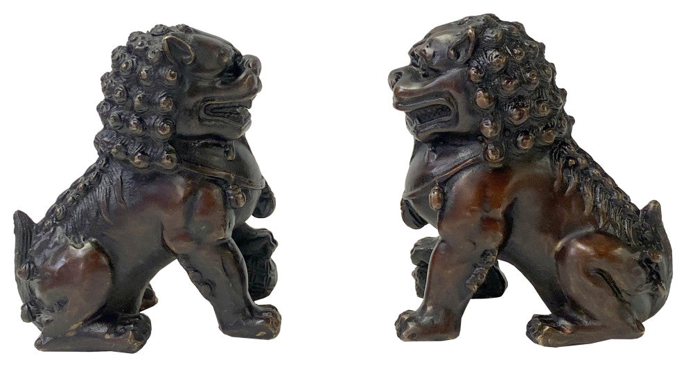 Pair Chinese Oriental Brown Color Metal Fengshui Foo Dog Figures Hws2493
