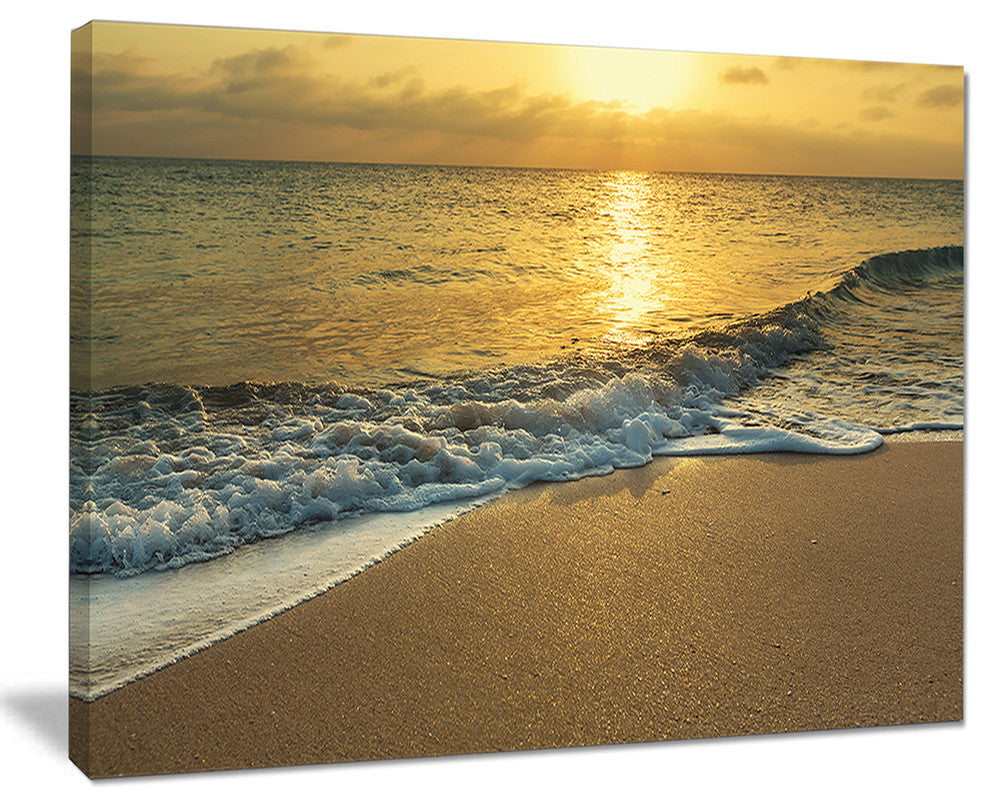 "White Waves Under Yellow Sunset" Modern Beach Canvas Art Print, 20"x12"