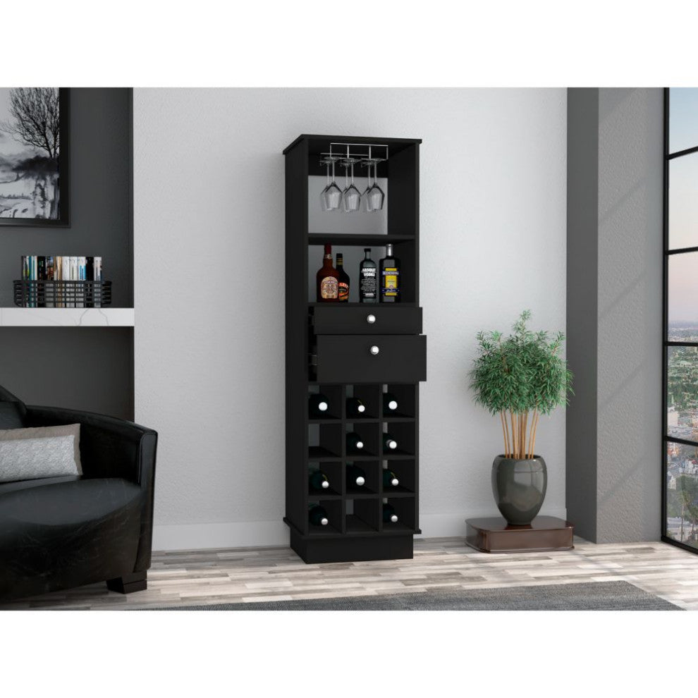 Hype Bar Cabinet with 12 Wine Cubbies, 2 Drawers, Glass Rack, and Shelf, Black