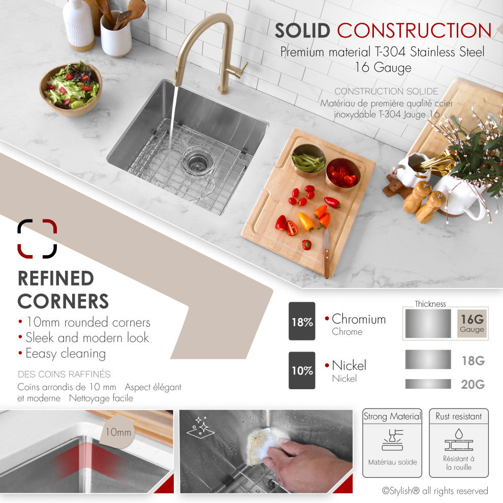 STYLISH 19"L x 18"W Undermount Kitchen Sink Single Bowl with Grid and Strainer