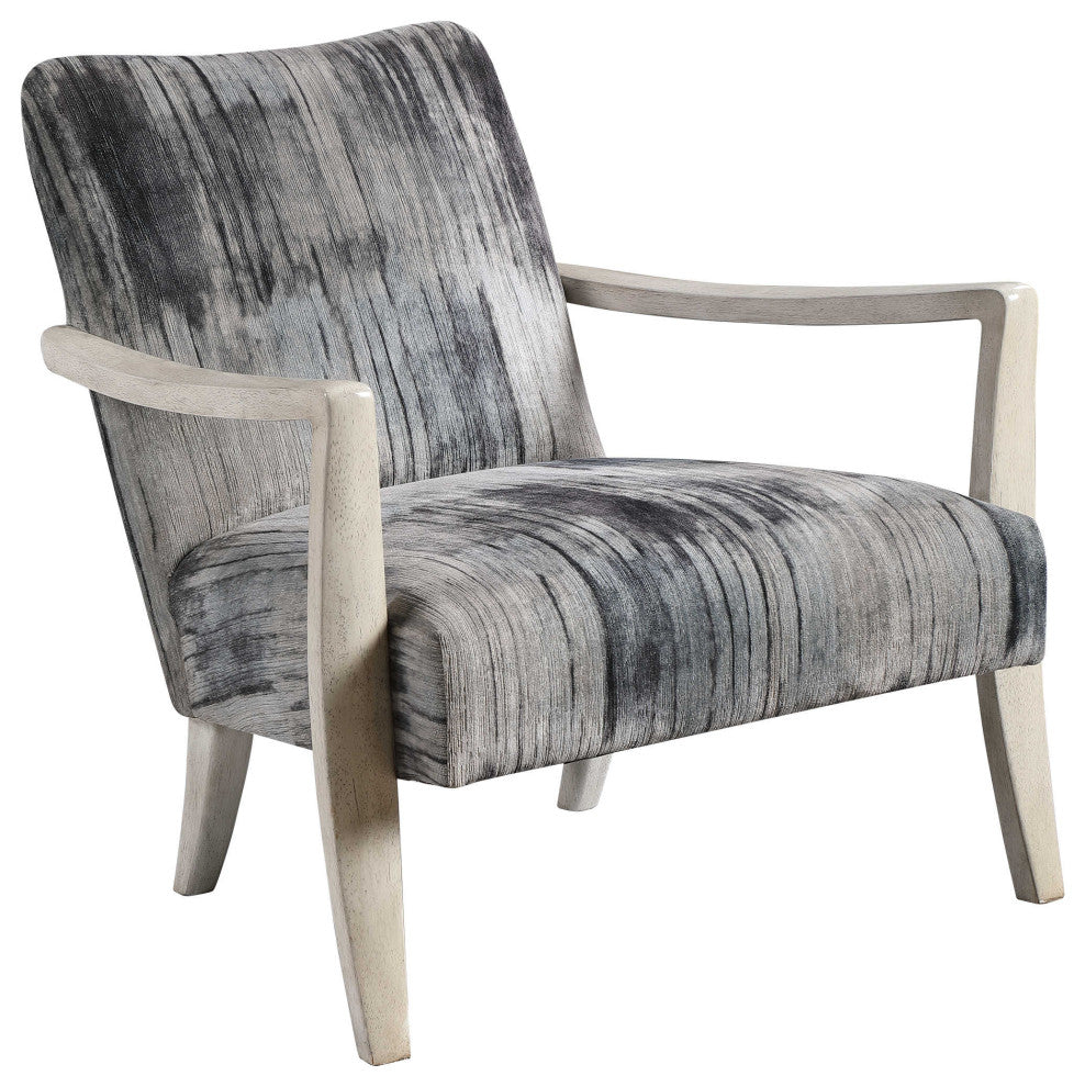 Modern Abstract Chenille Accent Chair Black Gray Blue White Streaked Wood Plush