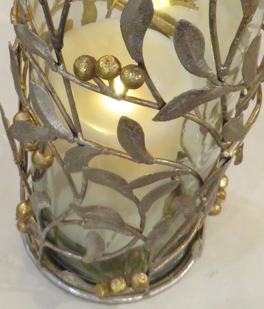Tall 8" Leaf Berry Pillar Candle Holder, Metal Hurricane Leaves Branches