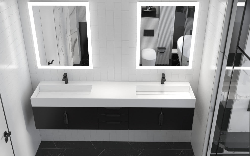 CastelloUSA Amazon 84" Wall Mounted Bathroom Vanity Set, Black, White Top, Black Handles