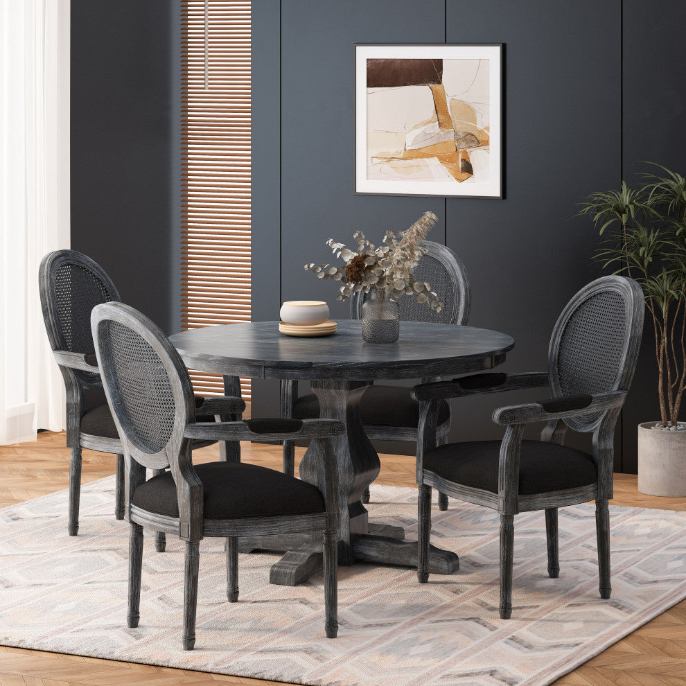Bryan French Country Upholstered Wood and Cane 5-Piece Circular Dining Set, Gray/Black