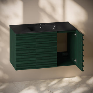 Cascade 36" Wall-Mounted Bath Vanity, Green Oak, Black Widespread Sink Top