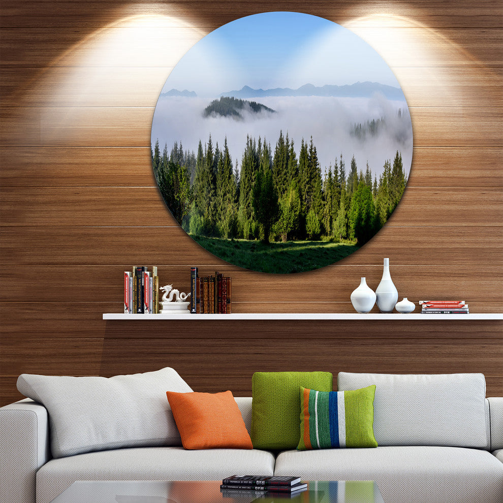 Green Trees And Fog Over Mountains, Landscape Round Metal Wall Art, 36"