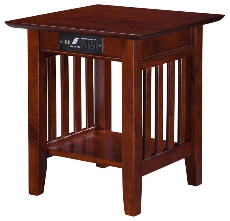 AFI Mission Solid Wood End Table with Built in Device Charger in Brown Walnut