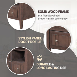 Infographic detailing materials/features (solid wood frame, handles, etc.).