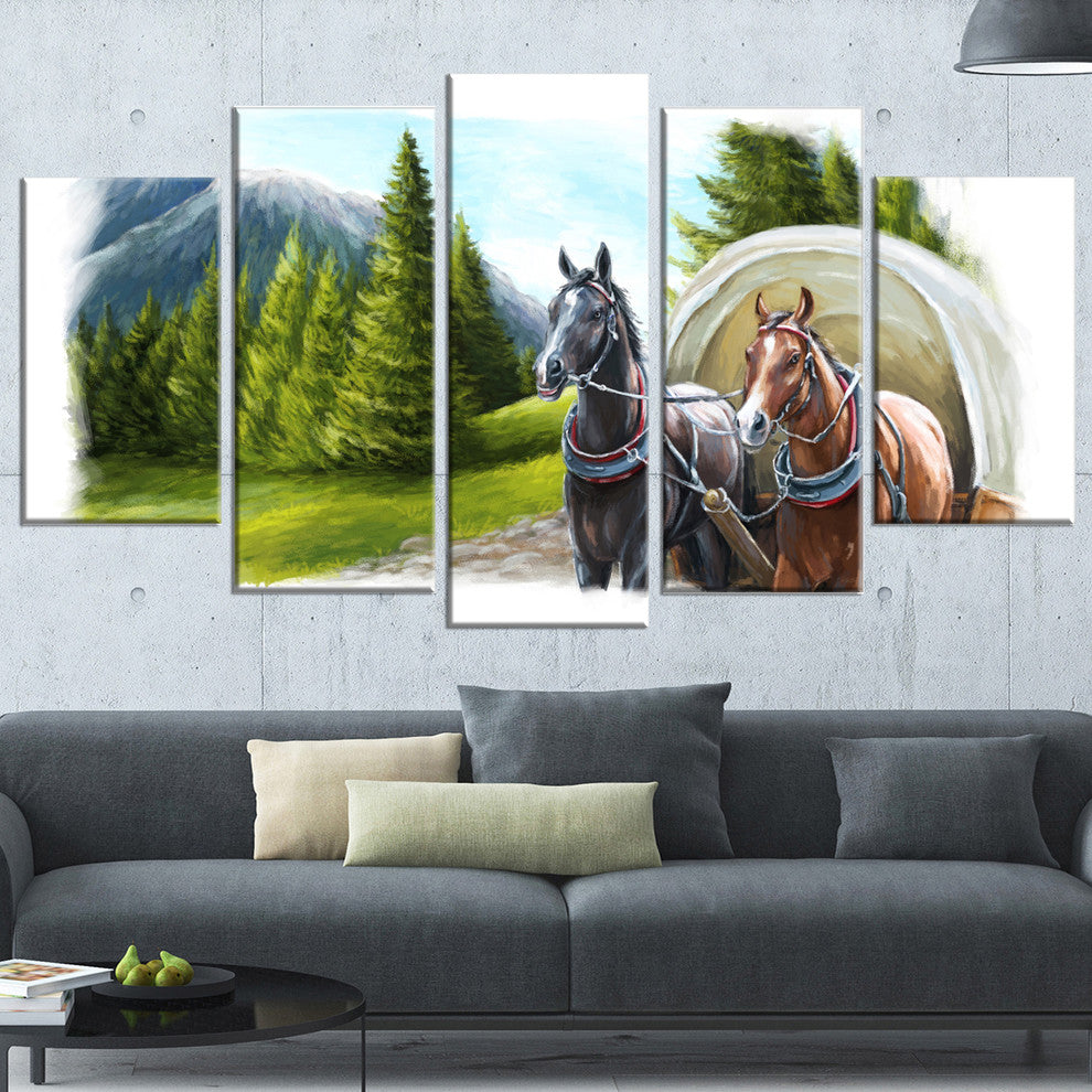 "Road in Mountains With Horses" Landscape Wall Art, 5 Panels, 60"x32"