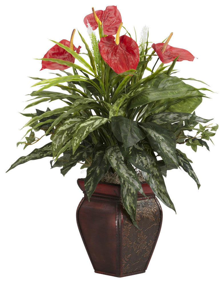 Mixed Greens and Anthurium With Decorative Vase Silk Plant