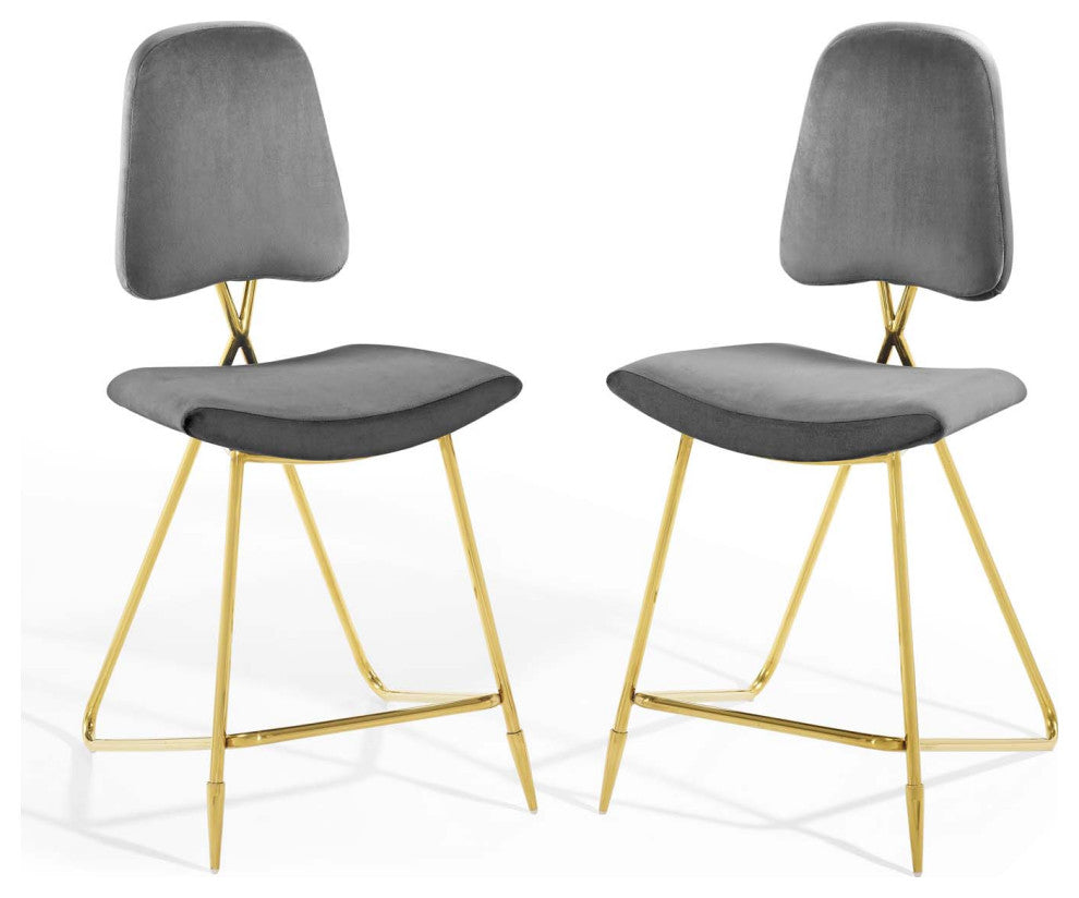 Counter Stool Chair, Set of 2, Velvet, Metal, Gray, Modern, Bar Pub Bistro