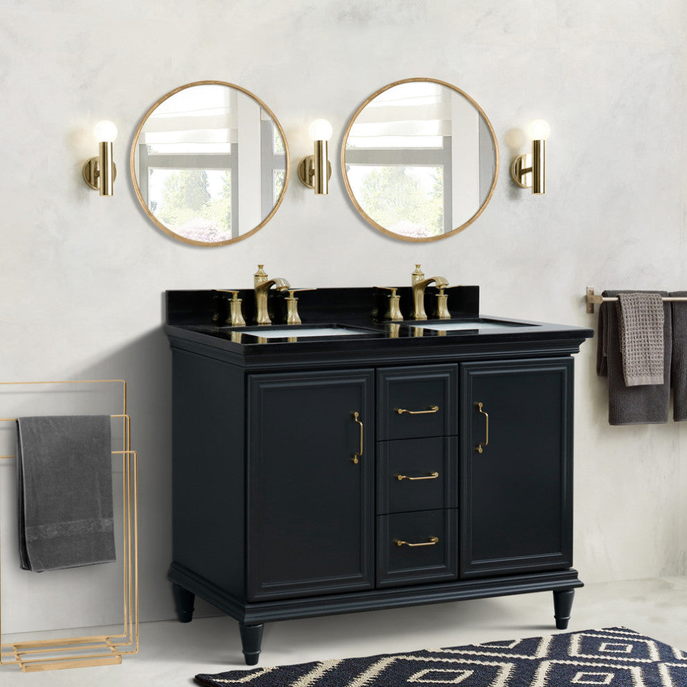 49" Double Vanity, Dark Gray Finish With Black Galaxy And Rectangle Sink
