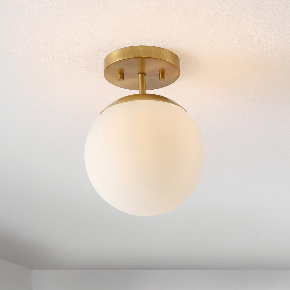 Marcel Bistro 7.75" 1-Light Bohemian Farmhouse LED Semi Flush Mount, Brass/White