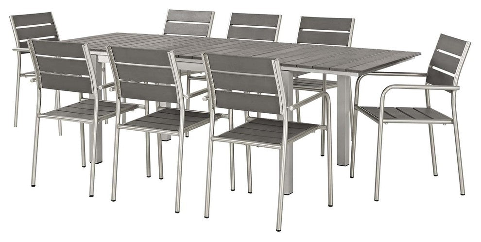 Modern Outdoor Side Dining Chair and Table Set, Aluminum Metal, Gray