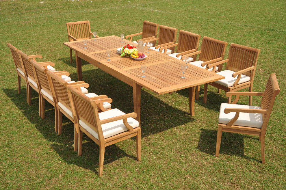 13-Piece Patio Teak Dining Set: 122" X-Large Rectangle Table, 12 Sack Arm Chairs