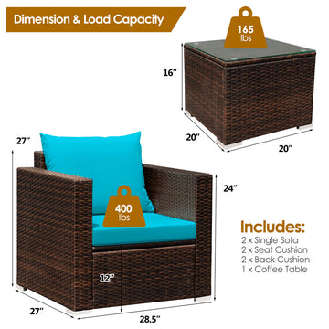 Costway 3PCS Patio Rattan Furniture Set Conversation Sofa Cushioned Turquoise