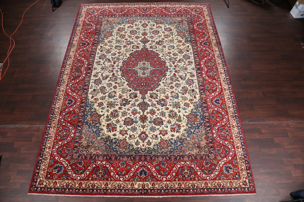 Consigned, Hand Made Persian Medallion Worn Oriental Vintage Rug, Beige, 10'x14'